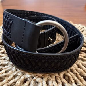 Express Women’s Black Leather Belt –‎ Large 45” Long – Silver Leather Lacing 90s